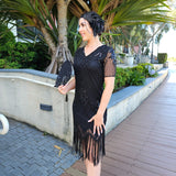1920s Black Flapper Dress with sleeves