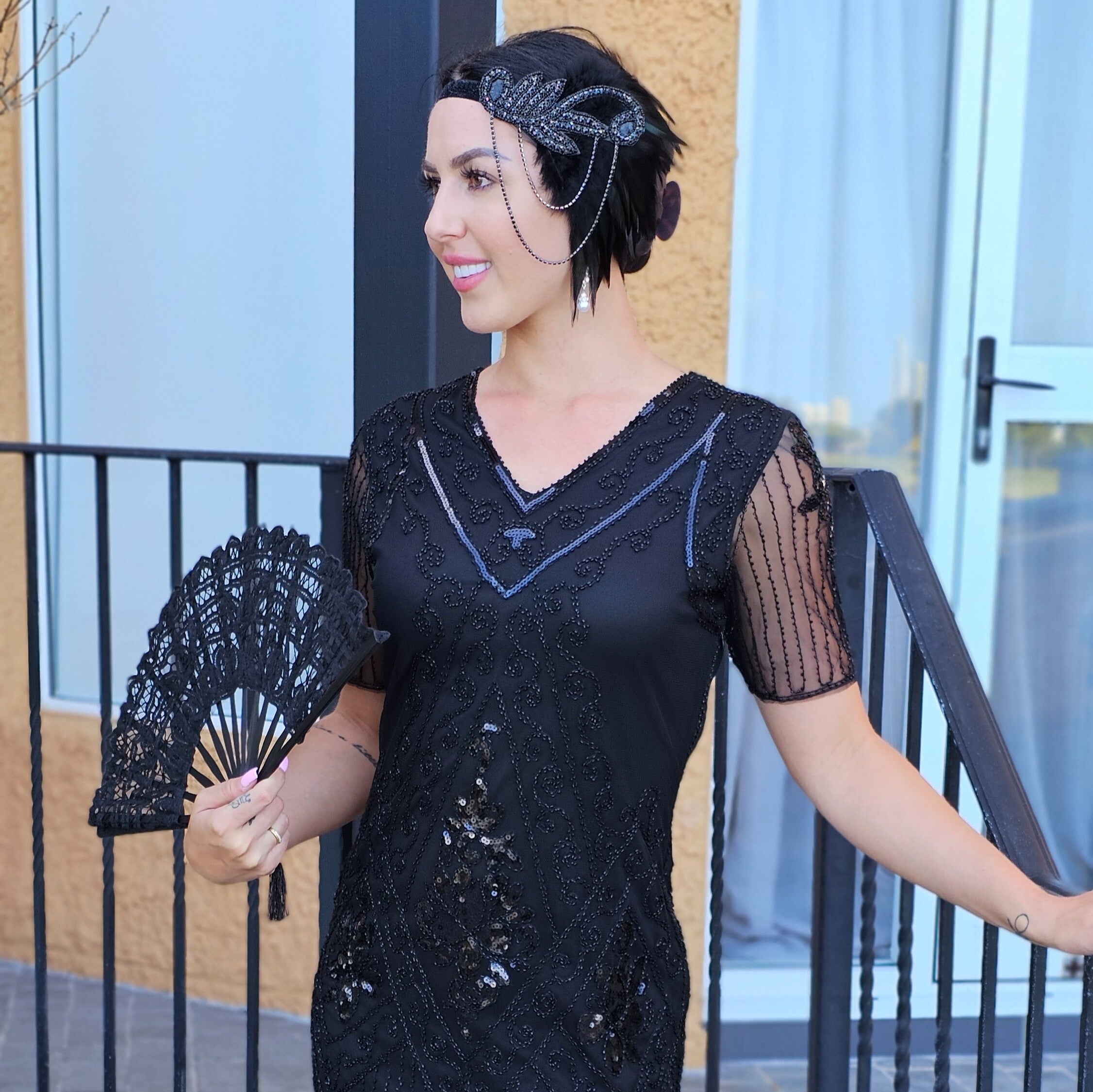 1920s Black Flapper Dress with Sleeves
