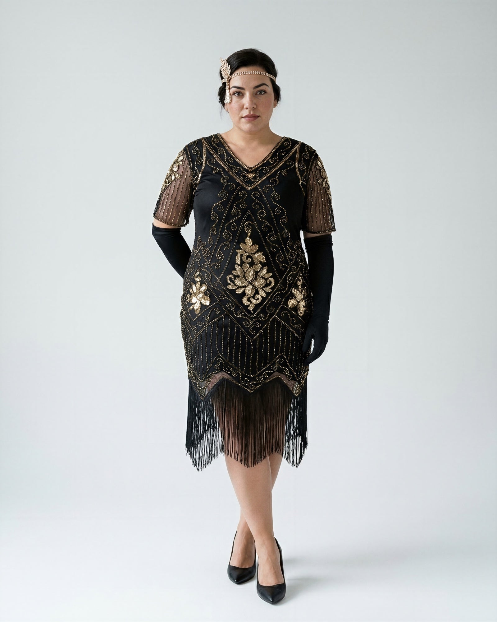 Woman wearing a Plus Size 1920s Flapper Dress in Black and White