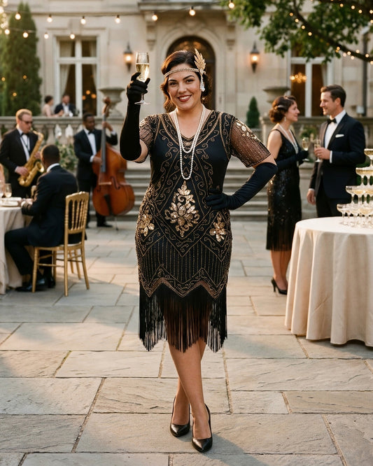 A woman in a 1920s flapper-style black dress with gold geometric embroidery and fringe, wearing a matching headpiece and holding a champagne flute, standing in an outdoor evening garden party setting.
