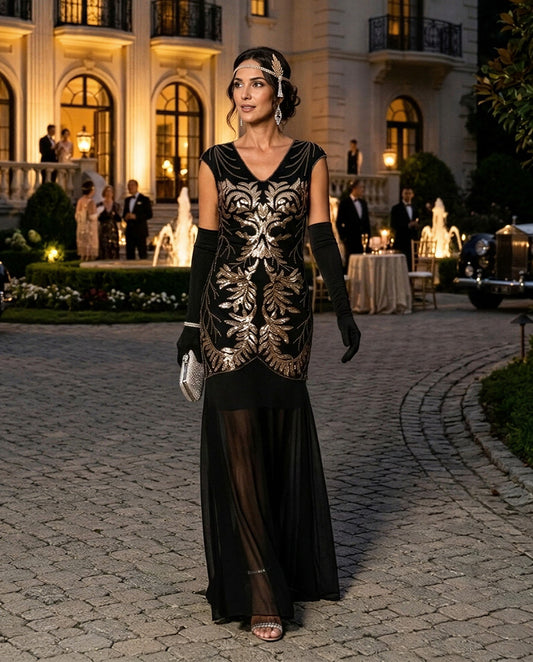 A woman stands on a cobblestone driveway in front of an elegant evening estate, wearing a floor-length black 1920s style evening gown with ornate gold embroidery, long black gloves, and a headpiece.