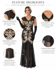 A woman modeling a black 1920s-style flapper dress with ornate gold sequin embroidery, sheer overlay gloves, and long black gloves, surrounded by callout circles and text highlighting features like cap sleeves, V-neckline, sequins, and lining on a white background.