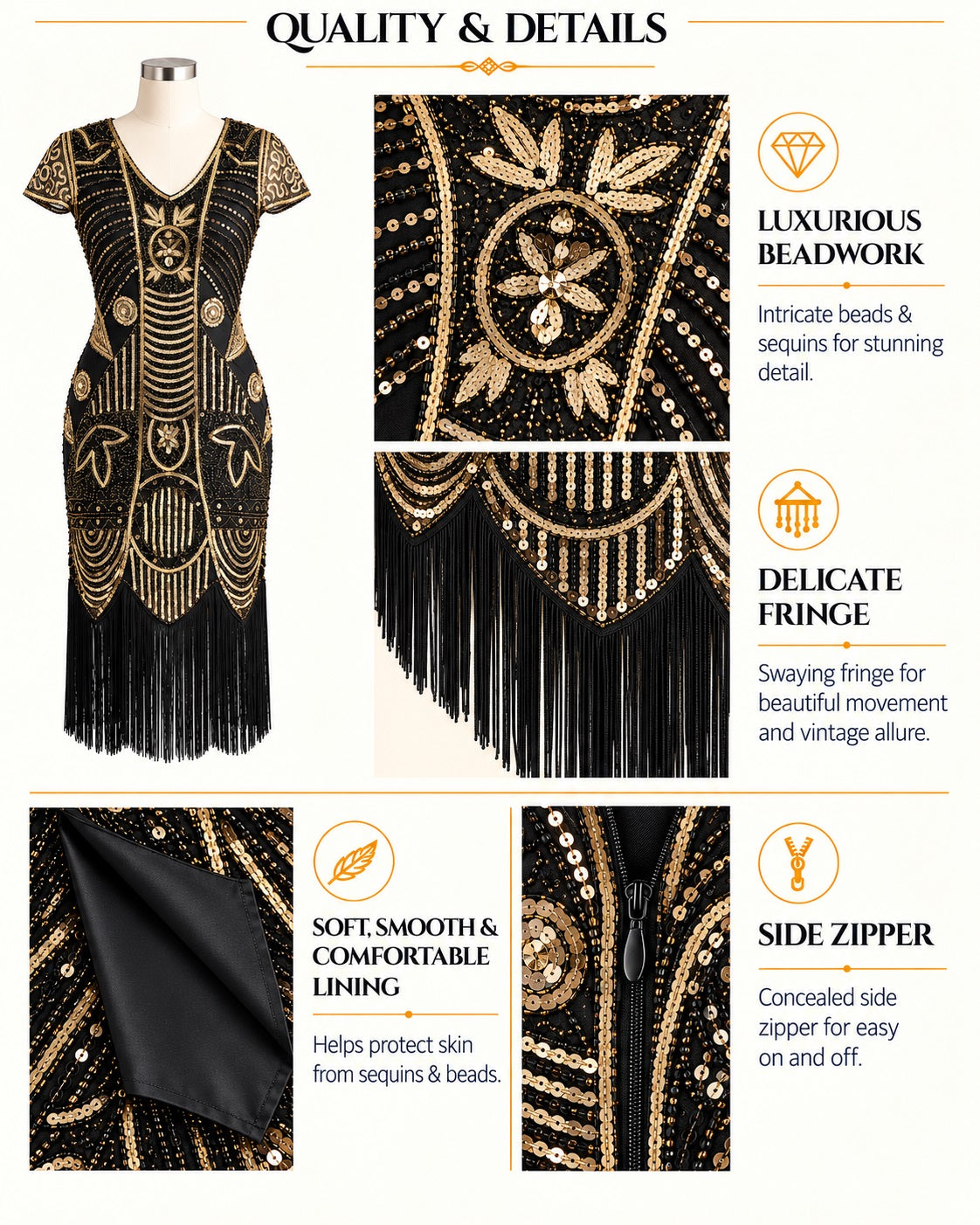 A black and gold flapper-style dress displayed on a mannequin with close-up detail panels showing beadwork, fringe, lining, and a side zipper. The layout includes text callouts such as 'Quality & Details' and feature highlights.