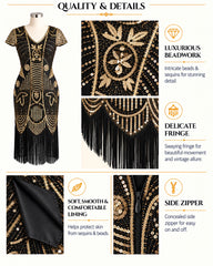 A black and gold flapper-style dress displayed on a mannequin with close-up detail panels showing beadwork, fringe, lining, and a side zipper. The layout includes text callouts such as 'Quality & Details' and feature highlights.