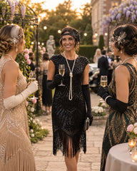 Three women in elegant flapper-style dresses pose at an outdoor evening event, holding champagne glasses. The central woman wears a black beaded fringe dress with long black gloves and a pearl necklace, while the women on either side wear embellished champagne and dark green dresses.