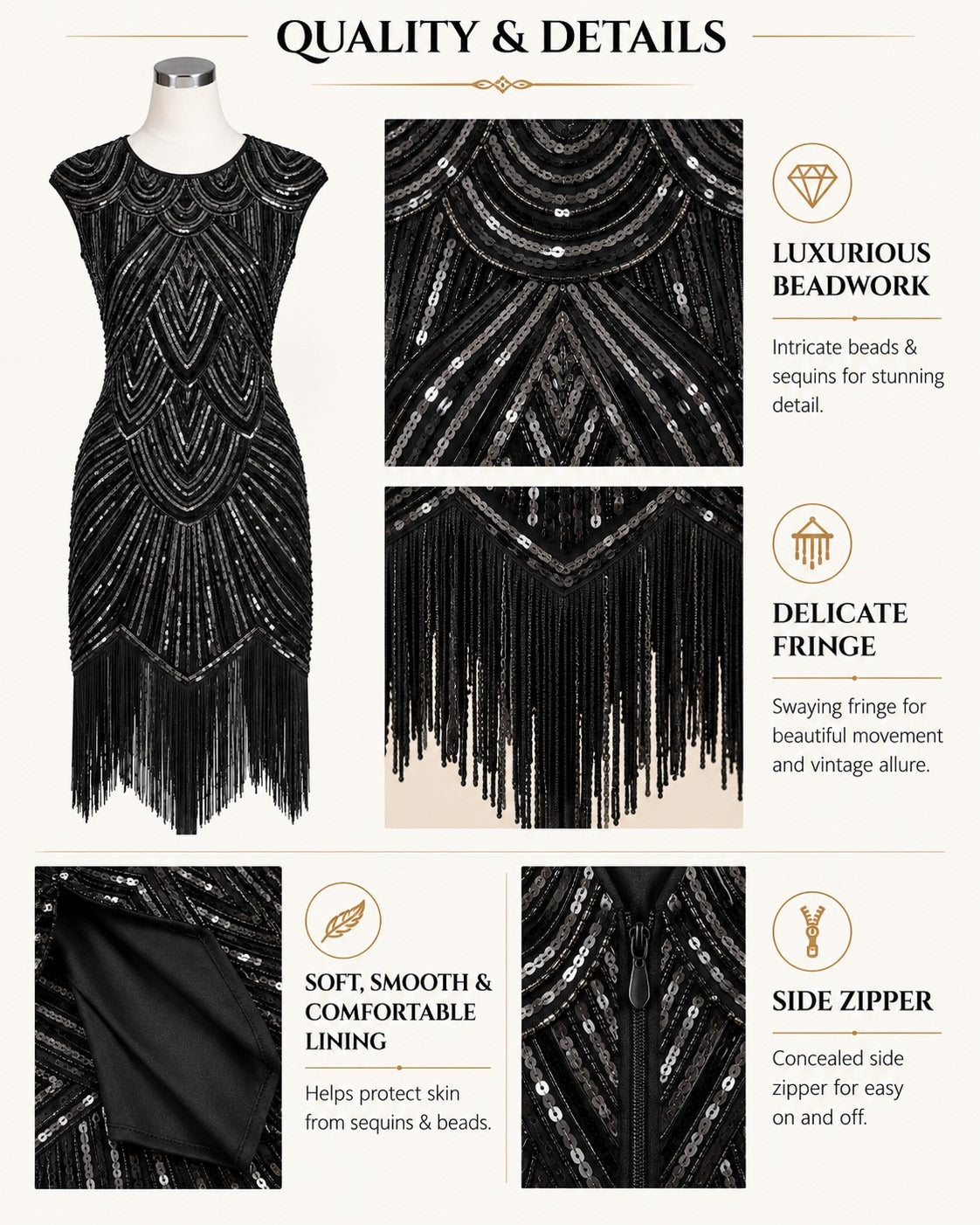 Black beaded flapper-style dress shown on a mannequin with detail callouts for beadwork, fringe, lining, and side zipper on a light beige background.