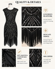 Black beaded flapper-style dress shown on a mannequin with detail callouts for beadwork, fringe, lining, and side zipper on a light beige background.