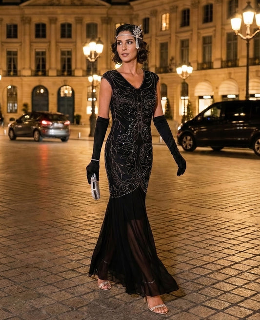 1920s Black Natalia Long Evening Dress