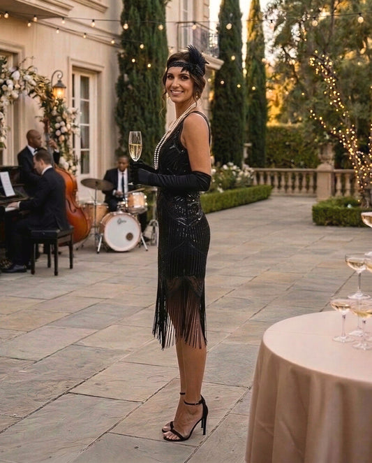 1920s Black Beaded Sequin Stella Flapper Dress