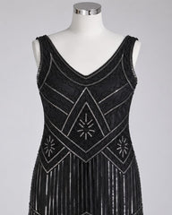1920s Black Beaded Sequin Stella Flapper Dress