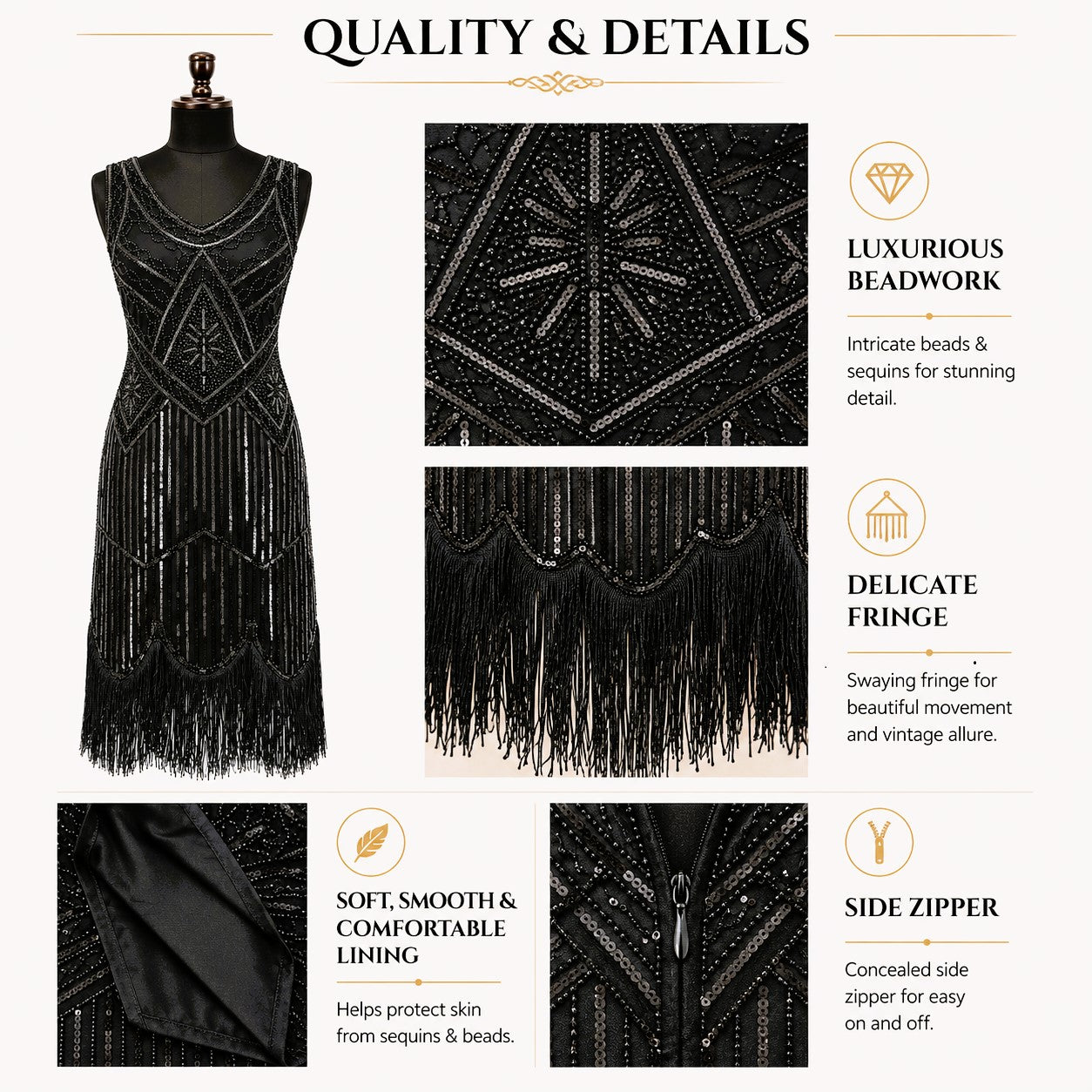 Black 1920s-style flapper dress shown on a mannequin with feature callouts and detail close-ups, including beadwork, fringe, lining, and a side zipper, under the heading 'QUALITY & DETAILS'.