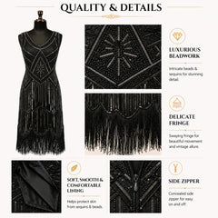 Black 1920s-style flapper dress shown on a mannequin with feature callouts and detail close-ups, including beadwork, fringe, lining, and a side zipper, under the heading 'QUALITY & DETAILS'.