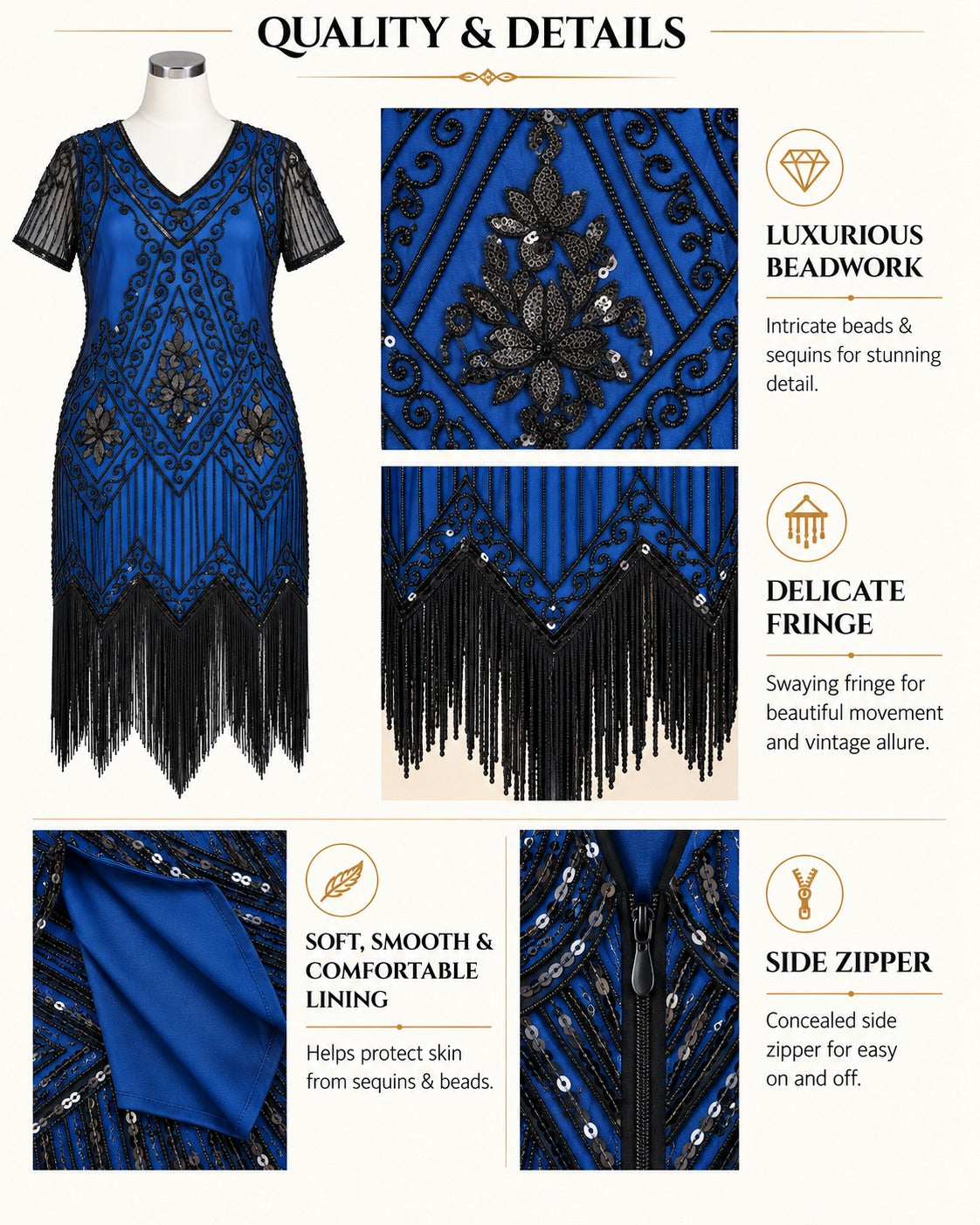 A blue and black beaded fringe dress displayed on a mannequin with feature callouts and close-up detail panels. The image includes text highlighting luxurious beadwork, delicate fringe, soft smooth lining, and a side zipper.