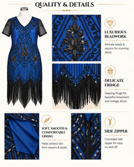 A blue and black beaded fringe dress displayed on a mannequin with feature callouts and close-up detail panels. The image includes text highlighting luxurious beadwork, delicate fringe, soft smooth lining, and a side zipper.