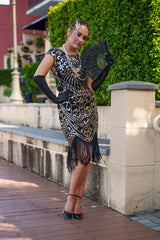 1920s Black and Gold Cleo Flapper Dress with sequins, beads, and fringe – perfect for Gatsby themed parties