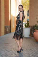 Side view of 1920s Black and Gold Cleo Dress – beaded fringe dress for 1920s or Gatsby themed celebrations