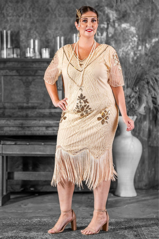 Plus Size Gatsby Dress in Cream Color with Beads and Sequins