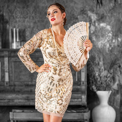 1920s Full Sleeve Gatsby Dress in Cream