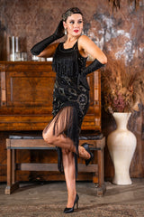 1920s Split Leg Gatsby Dress in Black