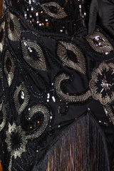 1920s Split Leg Gatsby Dress in Black - Close Up