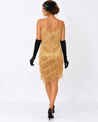 A woman shown from the back wearing a old fringe & sequin 1920s flapper dress with black opera gloves and black heels, standing against a plain white studio background.