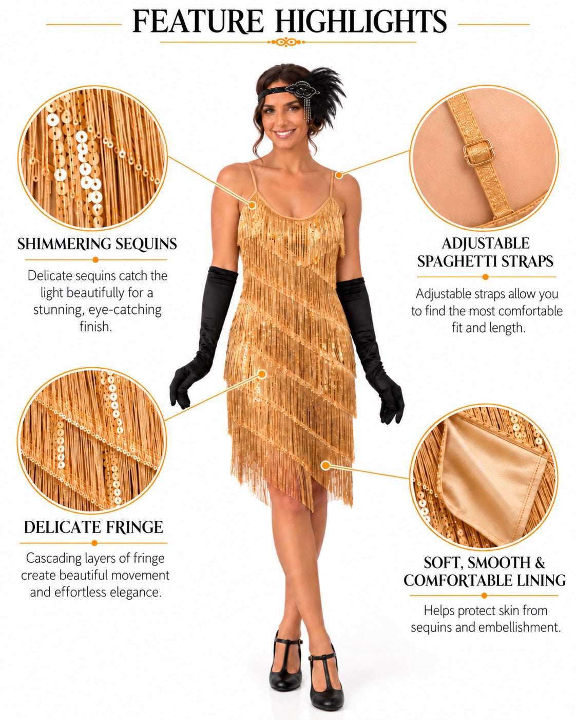 A woman modeling a gold fringed flapper-style dress with black gloves and headpiece, shown on a white background with four callout circles and text highlighting sequins, adjustable spaghetti straps, delicate fringe, and soft lining.