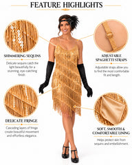 A woman modeling a gold fringed flapper-style dress with black gloves and headpiece, shown on a white background with four callout circles and text highlighting sequins, adjustable spaghetti straps, delicate fringe, and soft lining.