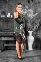 1920s Green Flapper Dress with Gold Sequins