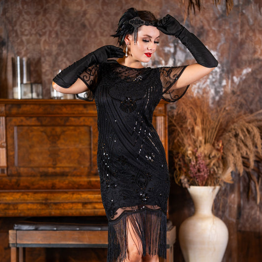 A Black 1920s Short Flapper Dress with sleeves