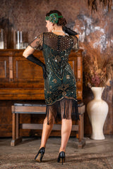 A Green 1920s Short Flapper Dress with sleeves