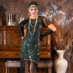 A Green 1920s Short Flapper Dress with sleeves