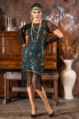 A Green 1920s Short Flapper Dress with sleeves