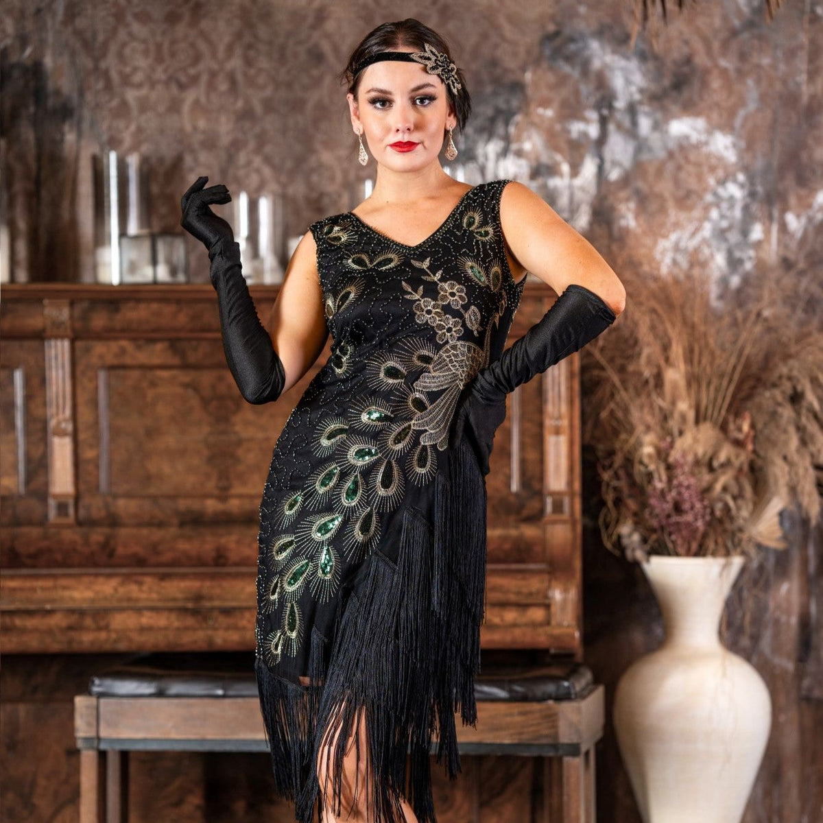 Lena Plus Size 1920s Flapper Dress - Black