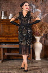 A 1920s Black & Gold Sequin Gatsby Dress with Sleeves