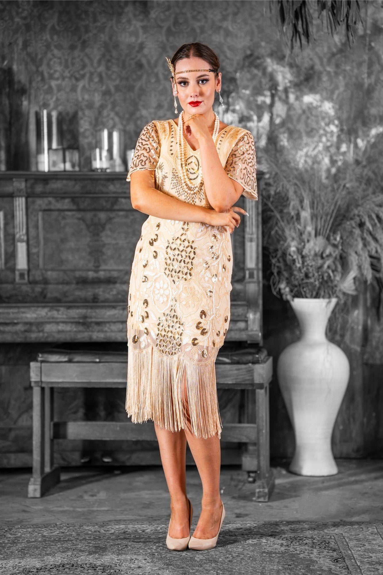 1920s Cream Gatsby Dress with Sleeves