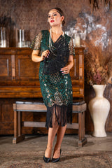 A 1920s Green & Gold Sequin Gatsby Dress with Sleeves