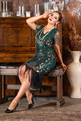 A 1920s Green & Gold Sequin Gatsby Dress with Sleeves