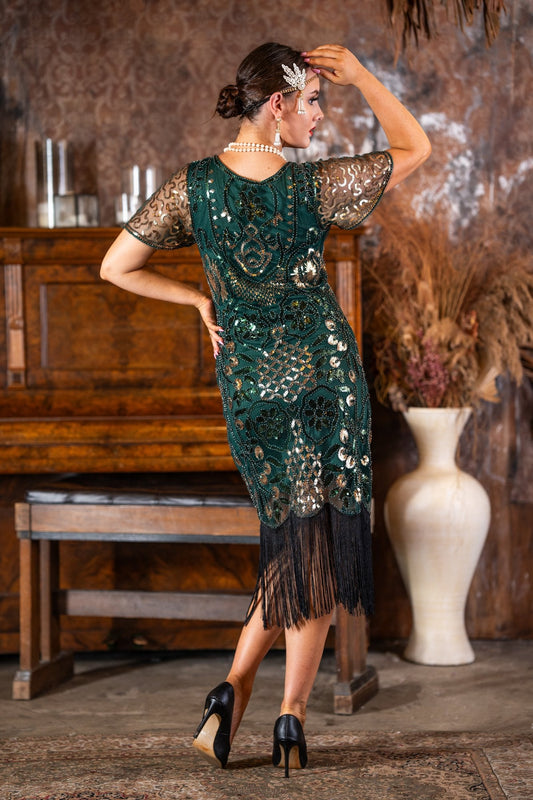 A 1920s Green & Gold Sequin Gatsby Dress with Sleeves