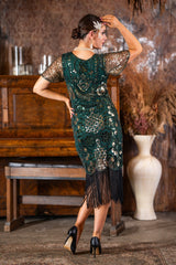 A 1920s Green & Gold Sequin Gatsby Dress with Sleeves