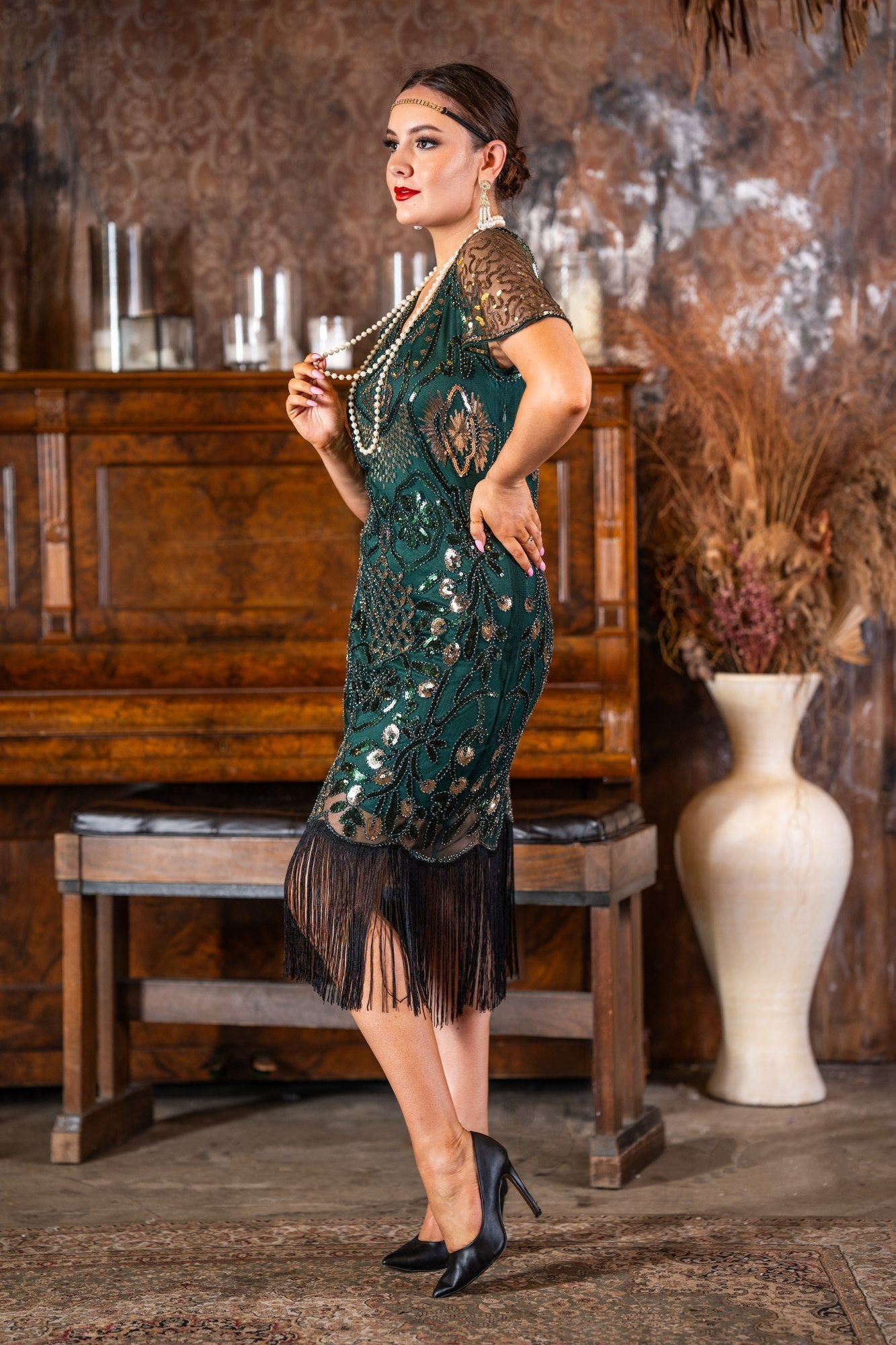 A 1920s Green & Gold Sequin Gatsby Dress with Sleeves