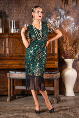 A 1920s Green & Gold Sequin Gatsby Dress with Sleeves