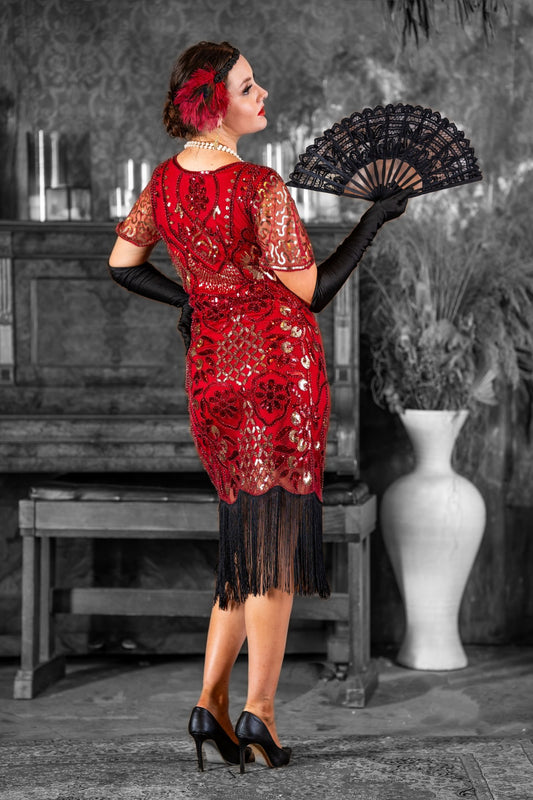 A 1920s Red & Gold Sequin Gatsby Dress with Sleeves