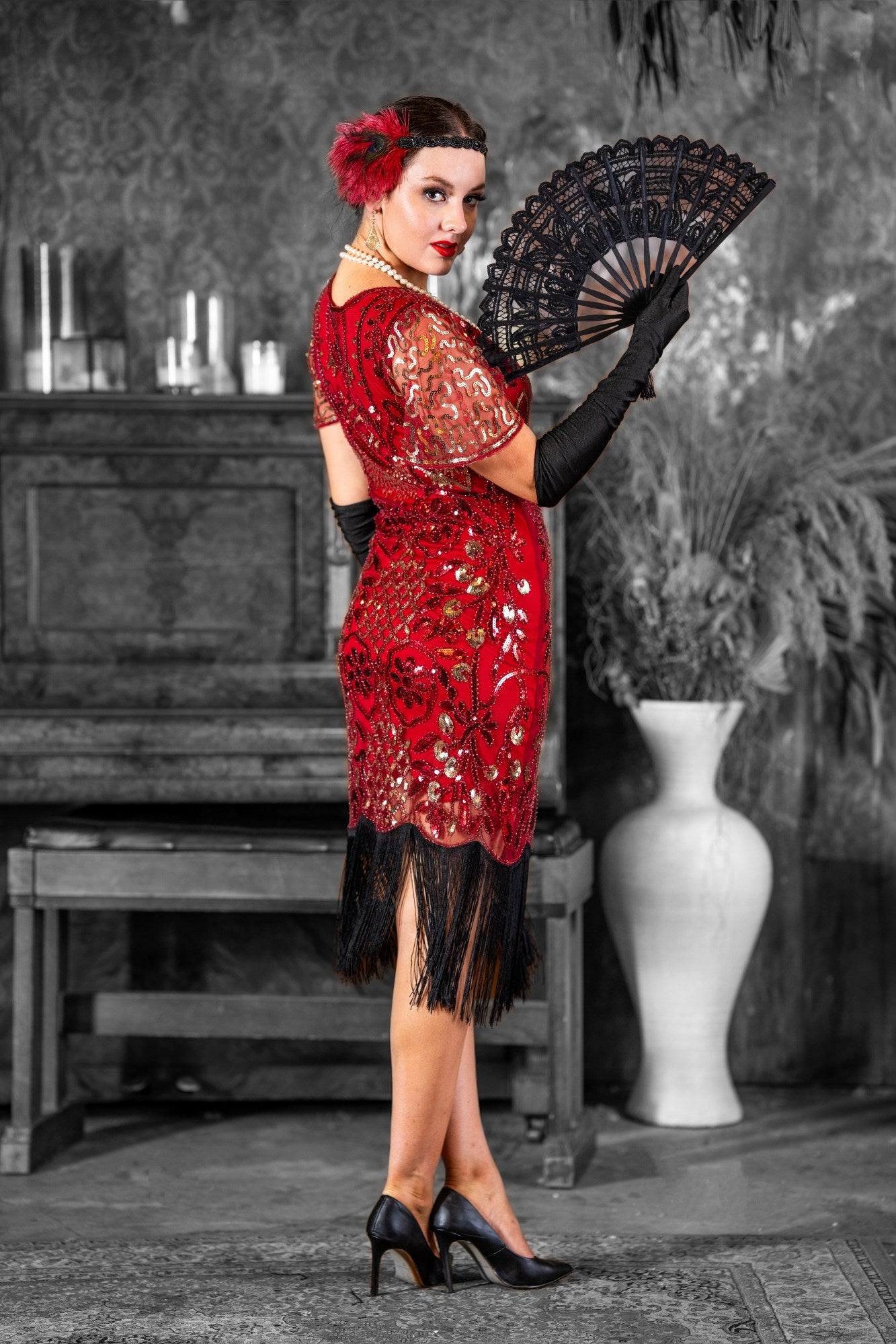 A 1920s Red & Gold Sequin Gatsby Dress with Sleeves