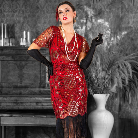 A 1920s Red & Gold Sequin Gatsby Dress with Sleeves