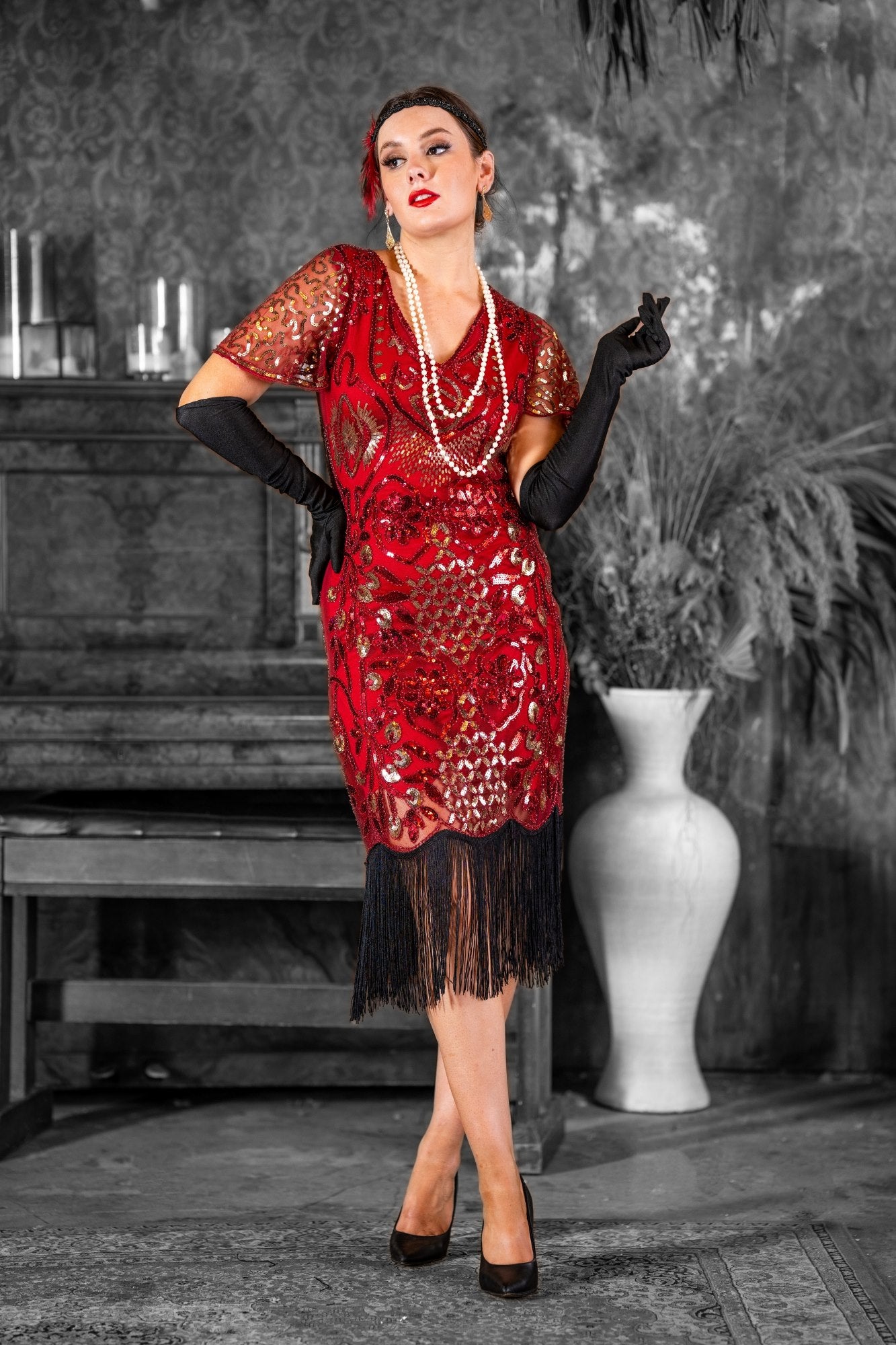 1920s Red Flapper Dress 1920s Red Velvet Great Gatsby Dress Floor