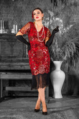 A 1920s Red & Gold Sequin Gatsby Dress with Sleeves