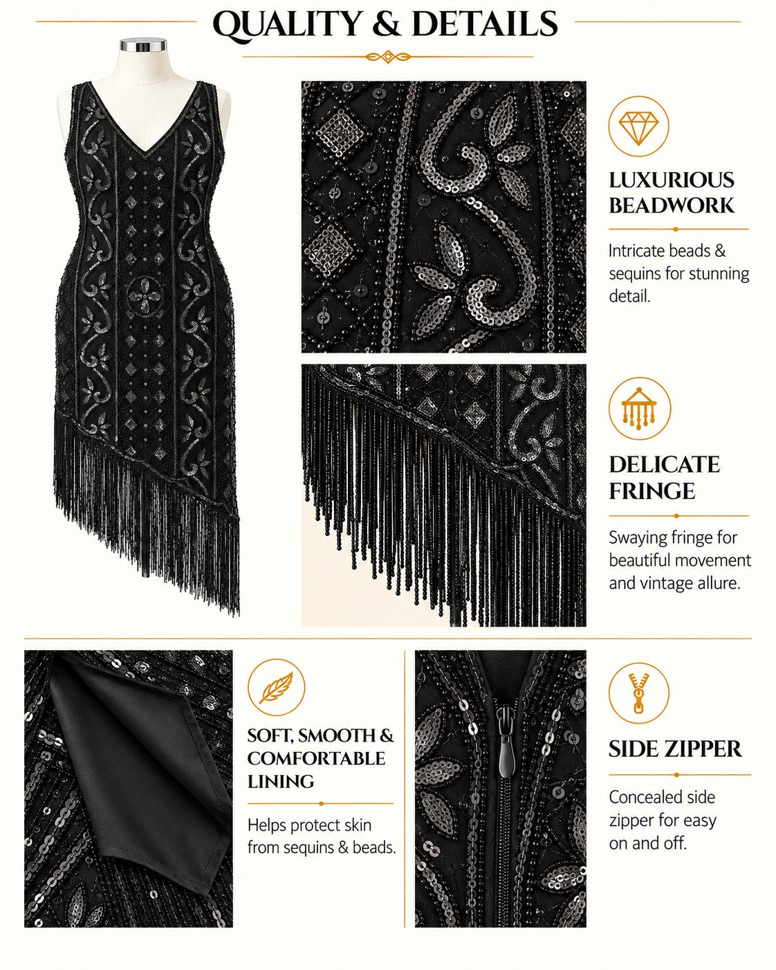Black sleeveless fringed dress with intricate silver beadwork, shown on a mannequin with feature callout panels explaining the luxurious beadwork, delicate fringe, soft lining, and side zipper.