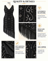Black sleeveless fringed dress with intricate silver beadwork, shown on a mannequin with feature callout panels explaining the luxurious beadwork, delicate fringe, soft lining, and side zipper.