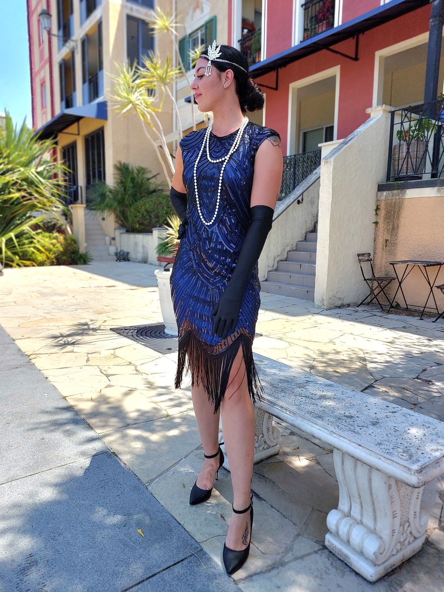 1920s Blue & Black Beaded Mable Flapper Dress – Flapper Boutique
