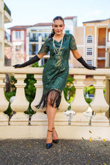 1920s Green Gatsby Dress with sequins, beads, sleeves and fringes. Perfect for Gatsby Parties